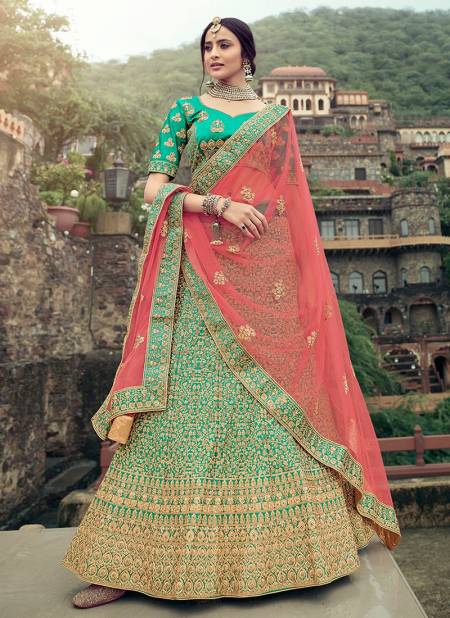 Green Exclusive Bridal Wedding Wear Satin Heavy Embroidery With Stone Work Lehenga Choli Collection 4503
